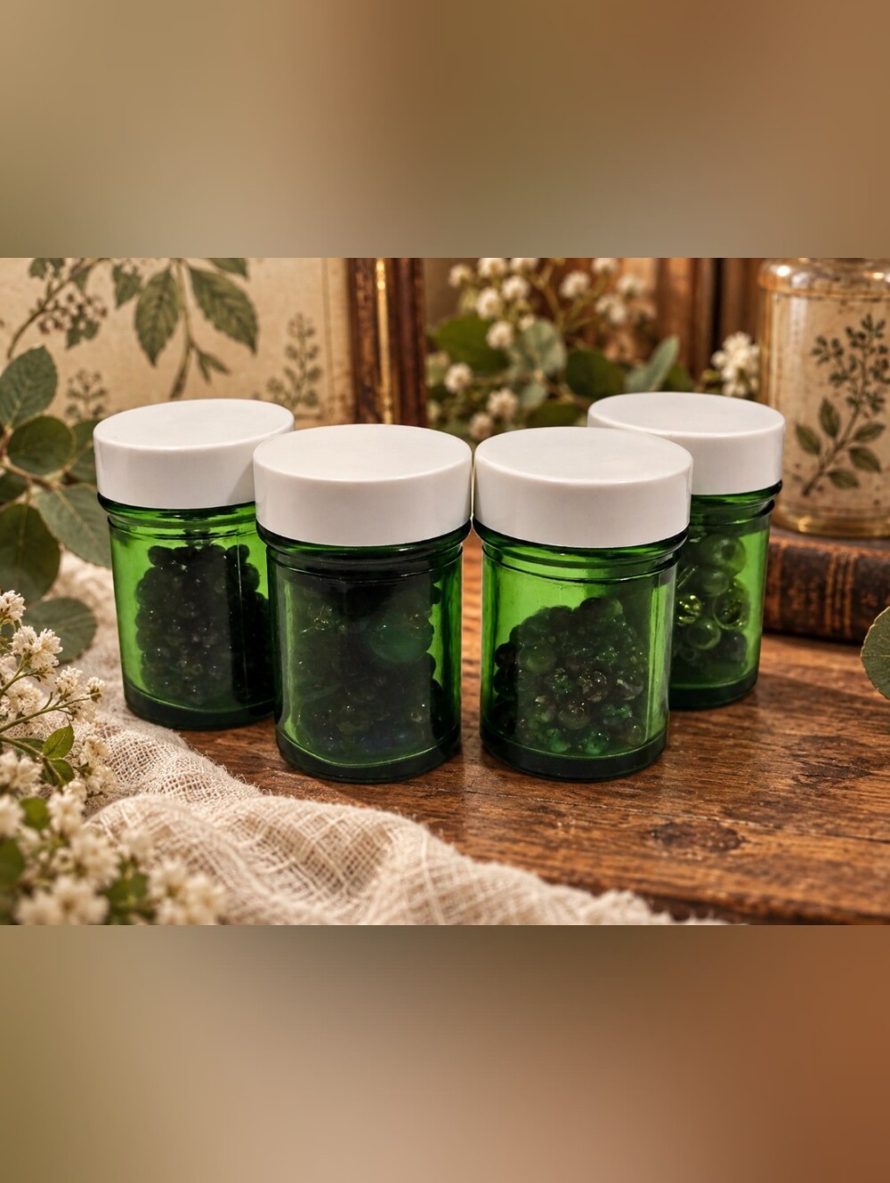 Vintage Forest Green Glass Apothecary Jars Set of 4 with Assorted Beads, Vintage - Picture 4 of 15